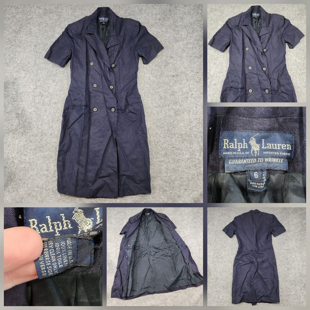 VTG Polo Ralph Lauren Womens 6 Navy Blue Linen Double Breasted Dress 70s 80s